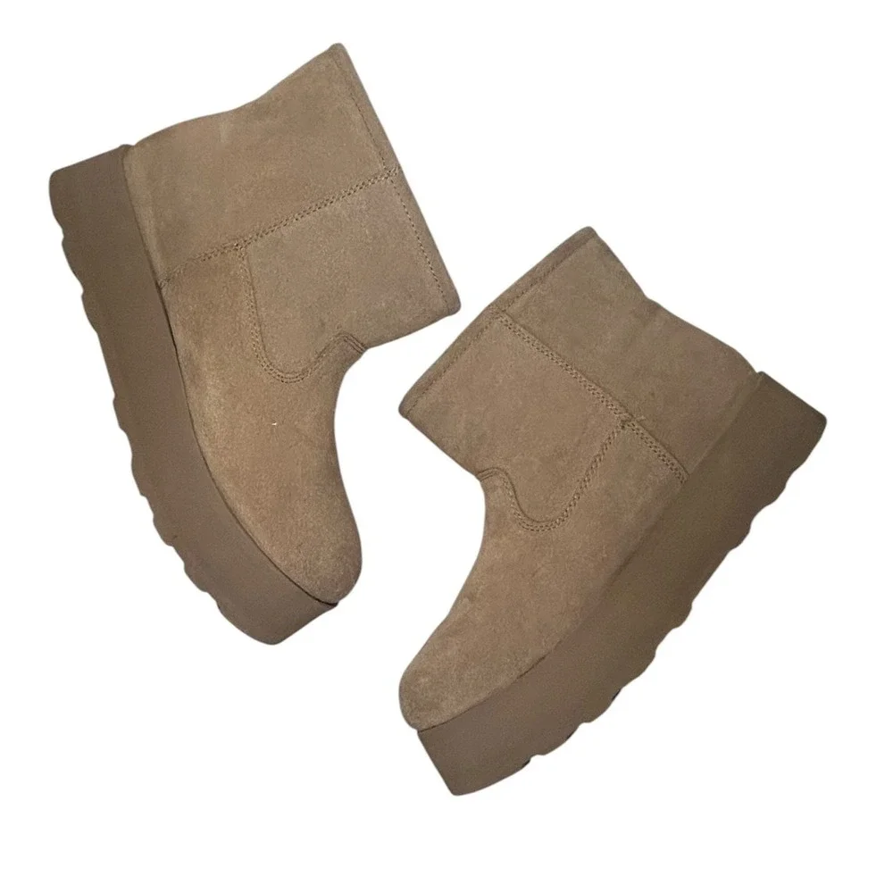 Suede Platform Ankle Boots Faux Shearling Lined Camel Brown 25033100 F24 US 8